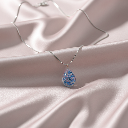 Sterling silver Blue Pressed Flower Teardrop Glass Pendant necklace polished finish