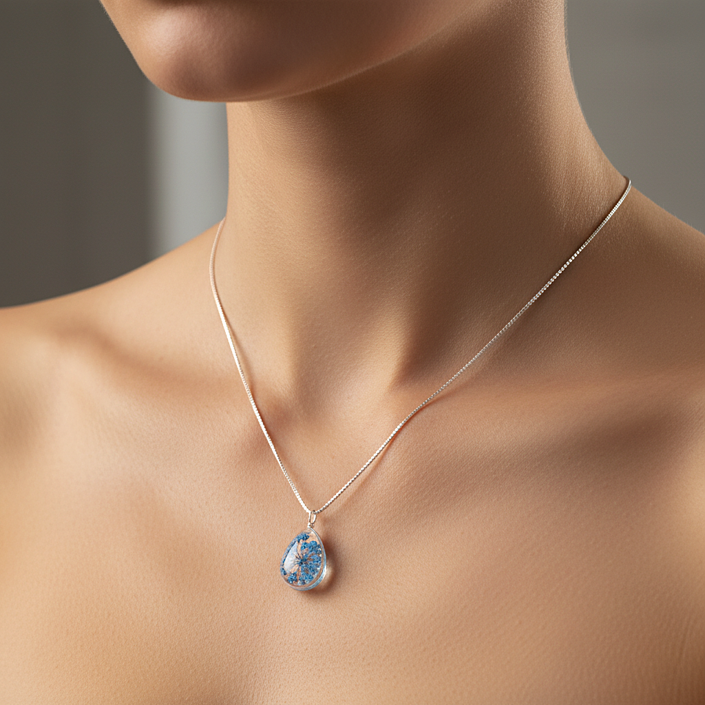 Sterling silver Blue Pressed Flower Teardrop Glass Pendant necklace polished finish