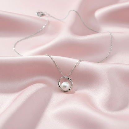 Sterling silver Pearl Circle Pendant necklace polished finish