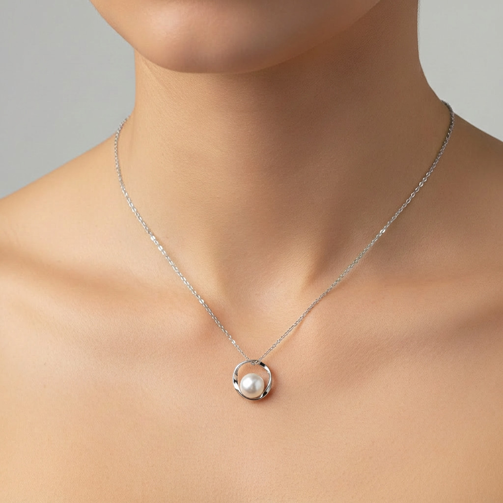 Sterling silver Pearl Circle Pendant necklace polished finish