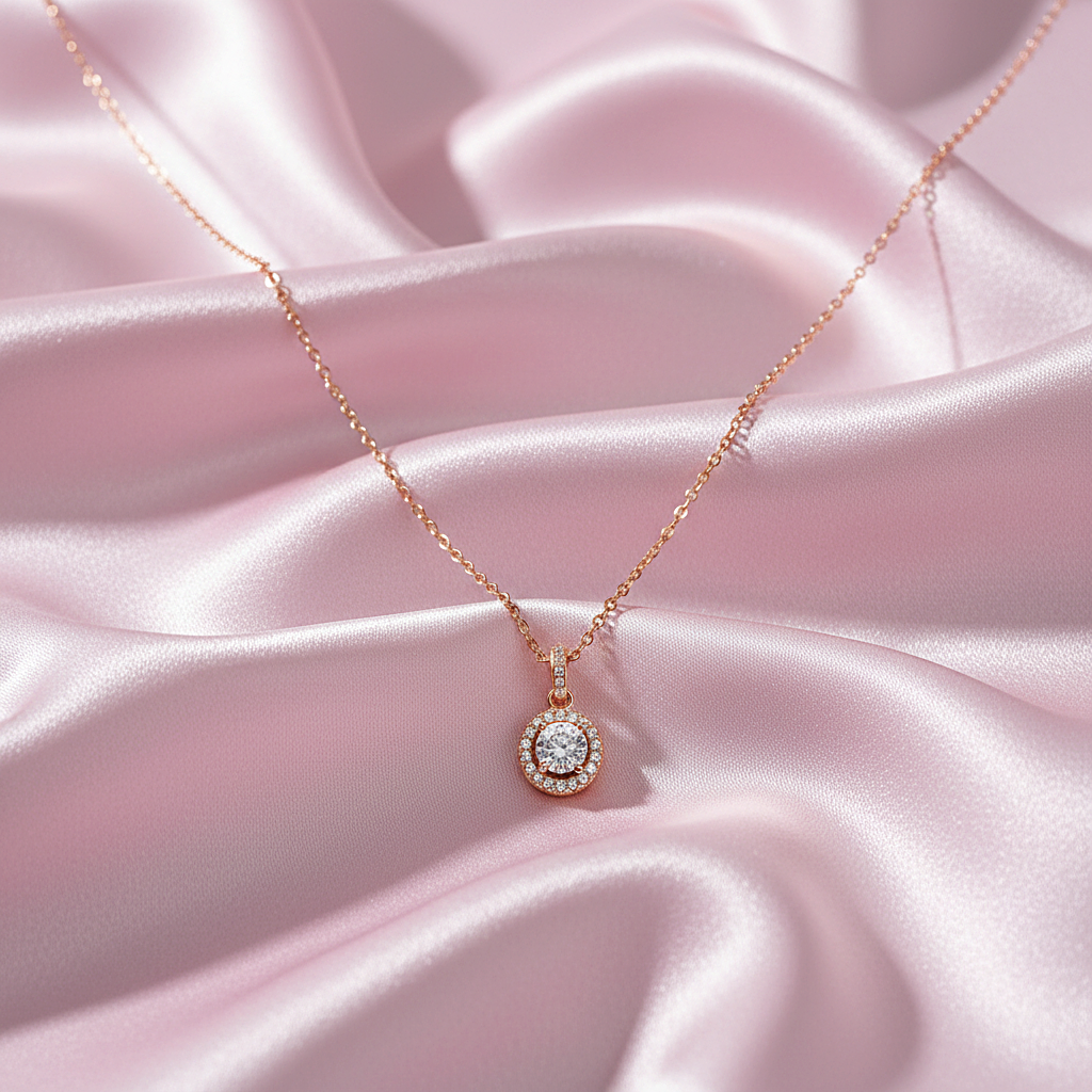 Sterling silver Crystal Halo Pendant necklace rose gold finish
