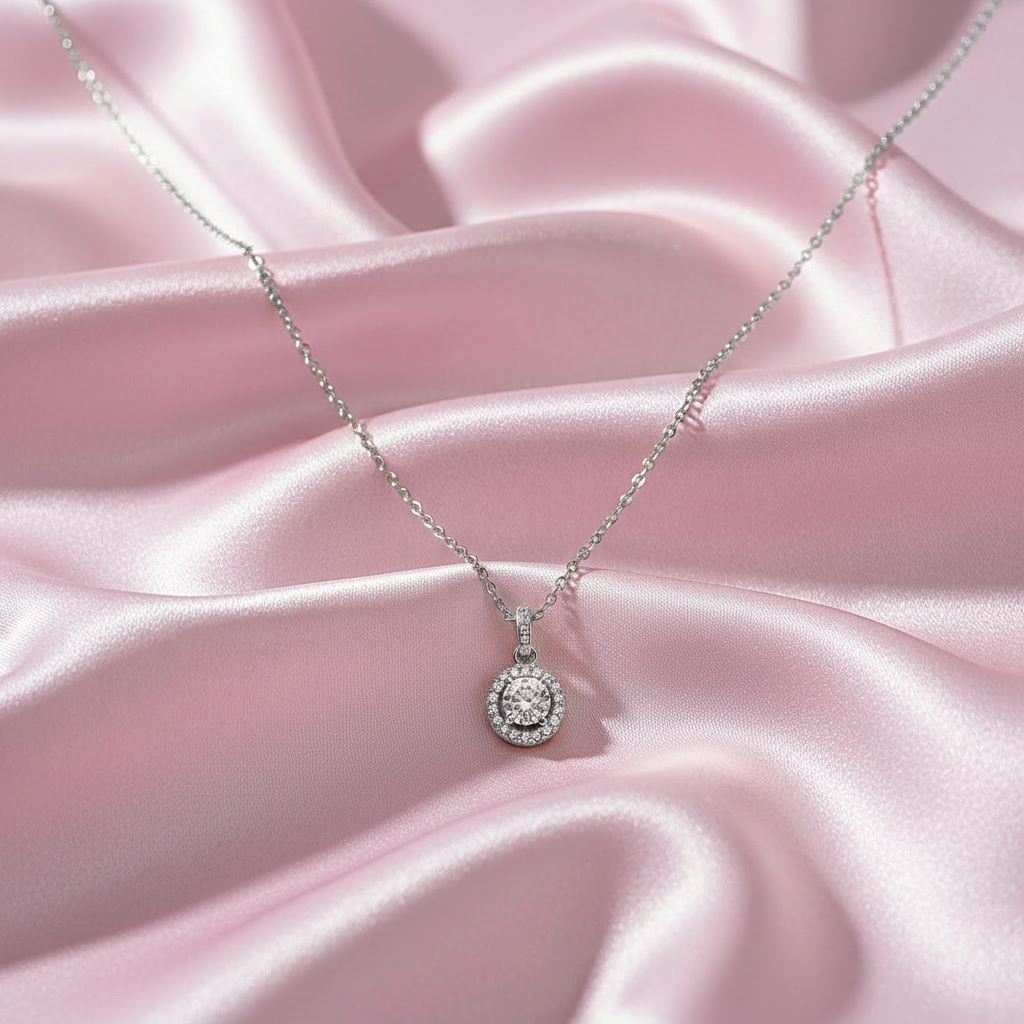 Sterling silver Crystal Halo Pendant necklace polished finish