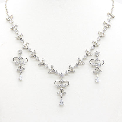 Sterling silver Crystal Bow necklace and earring set polished finish
