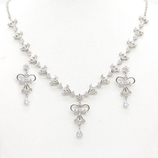 Sterling silver Crystal Bow necklace and earring set polished finish