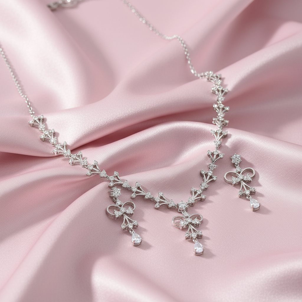 Sterling silver Crystal Bow necklace and earring set polished finish
