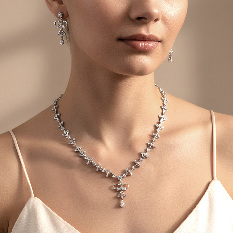 Sterling silver Crystal Bow necklace and earring set polished finish