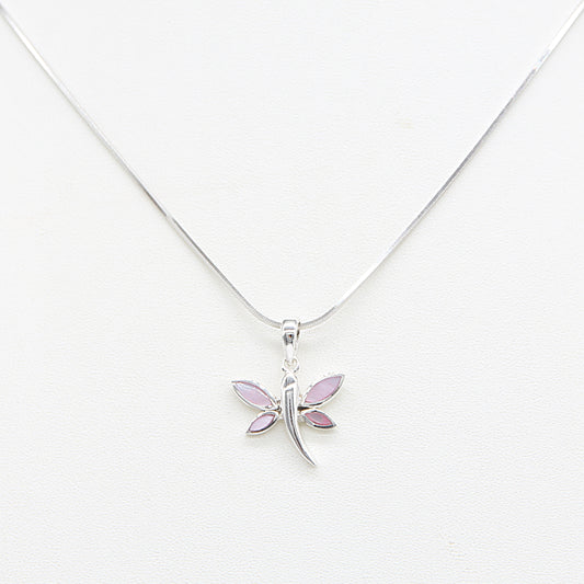 Silver Pink Dragonfly Pendant Necklace with Pink Pearl Accent