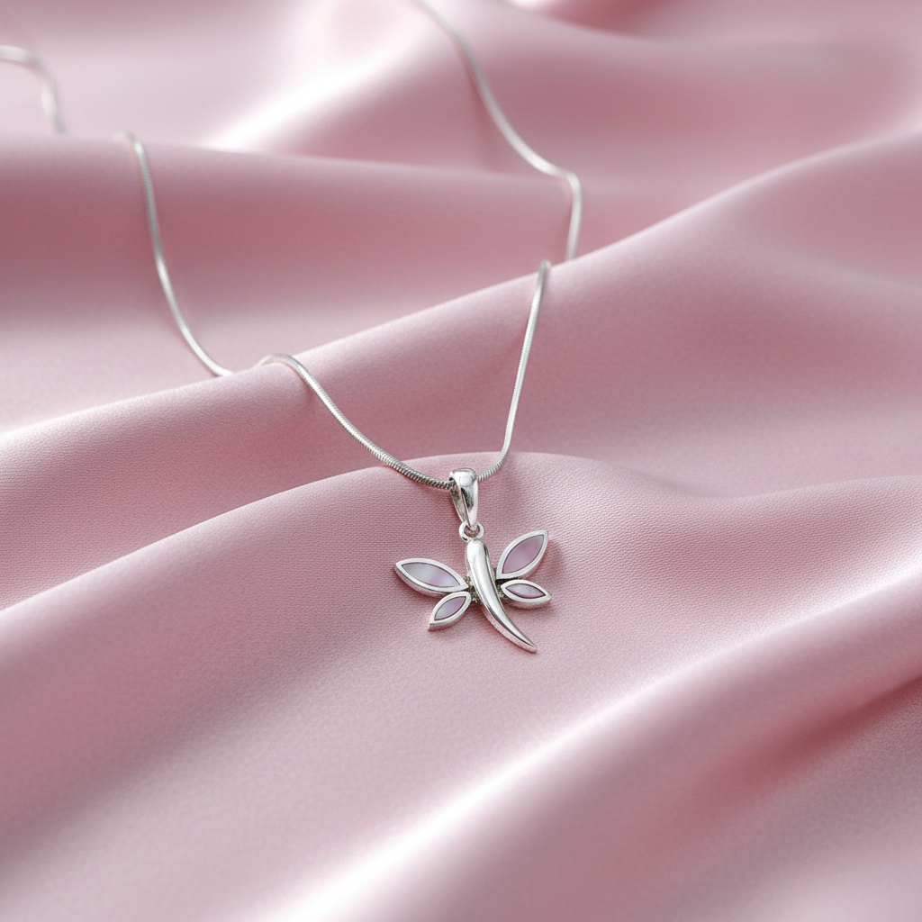 Sterling silver Pink Dragonfly Pendant Necklace with Pink Pearl Accent necklace polished finish