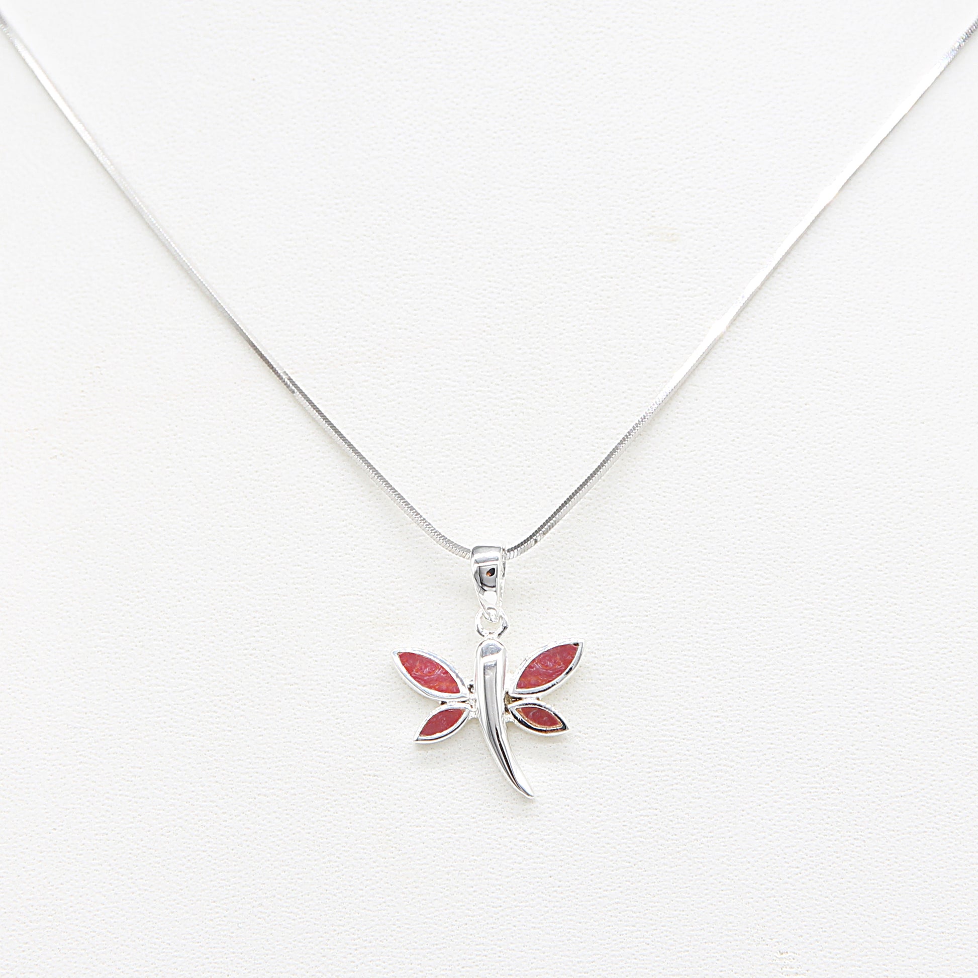 Sterling silver Red Dragonfly Pendant Necklace with Red Pearl Accent necklace polished finish