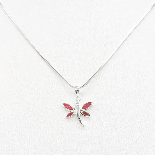 Silver Red Dragonfly Pendant Necklace with Red Pearl Accent