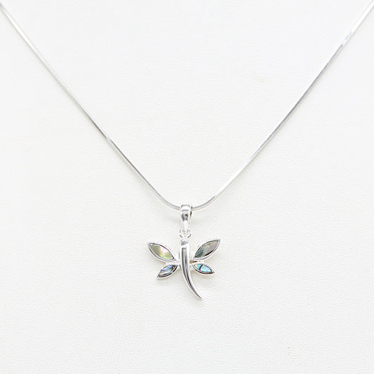 Silver Pearlescent Dragonfly Pendant Necklace with Pearlescent Accent