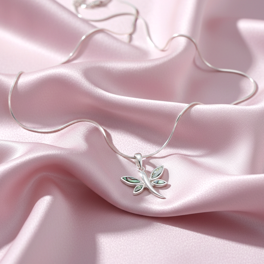 Sterling silver Pearlescent Dragonfly Pendant Necklace with Pearlescent Accent necklace polished finish