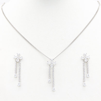 Sterling silver Crystal Flower Tassel necklace and earring set polished finish