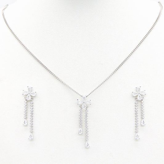 Sterling silver Crystal Flower Tassel necklace and earring set polished finish