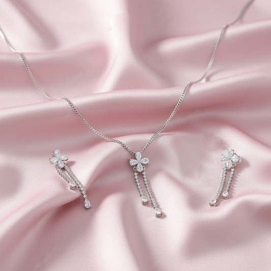 Silver Crystal Flower Tassel Necklace and Earring Set