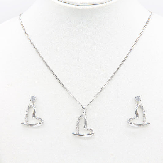 Sterling silver Crystal Open Heart necklace and earring set polished finish