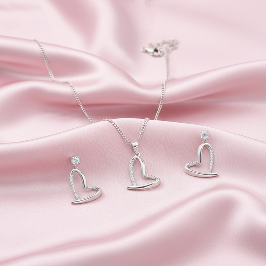 Sterling silver Crystal Open Heart necklace and earring set polished finish
