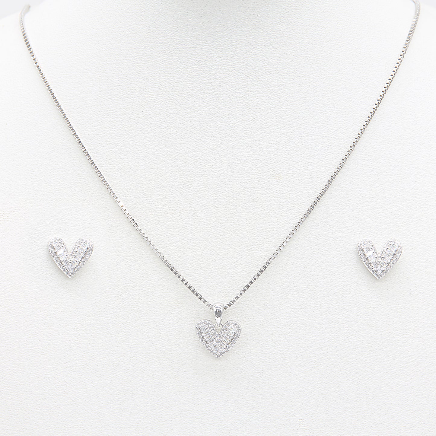 Sterling silver Baguette Crystal PavÃ© Heart necklace and earring set polished finish