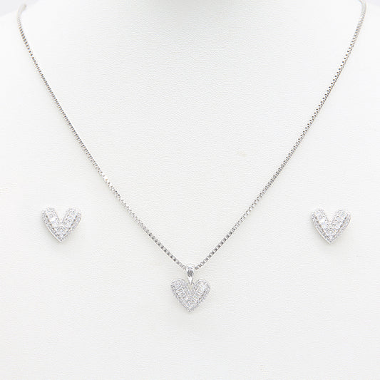 Sterling silver Baguette Crystal PavÃ© Heart necklace and earring set polished finish