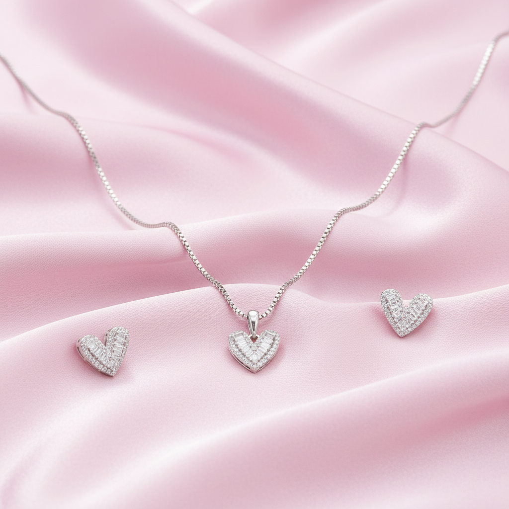 Sterling silver Baguette Crystal PavÃ© Heart necklace and earring set polished finish