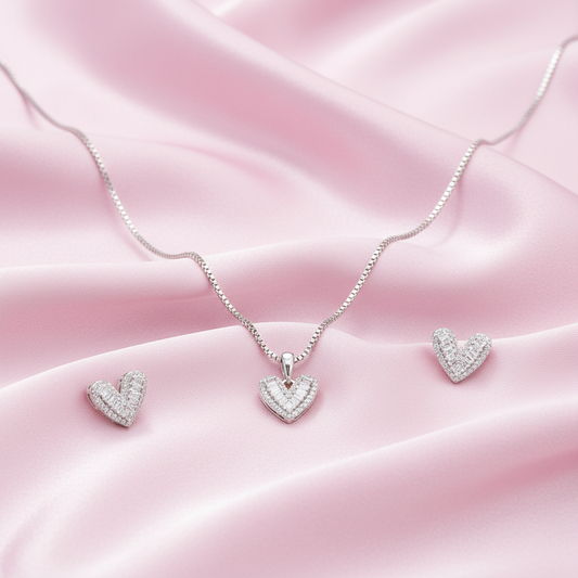 Sterling silver Baguette Crystal PavÃ© Heart necklace and earring set polished finish