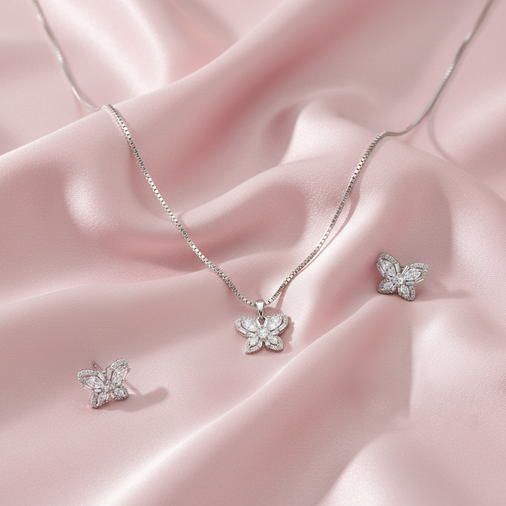 Sterling silver Crystal Butterfly necklace and earring set polished finish