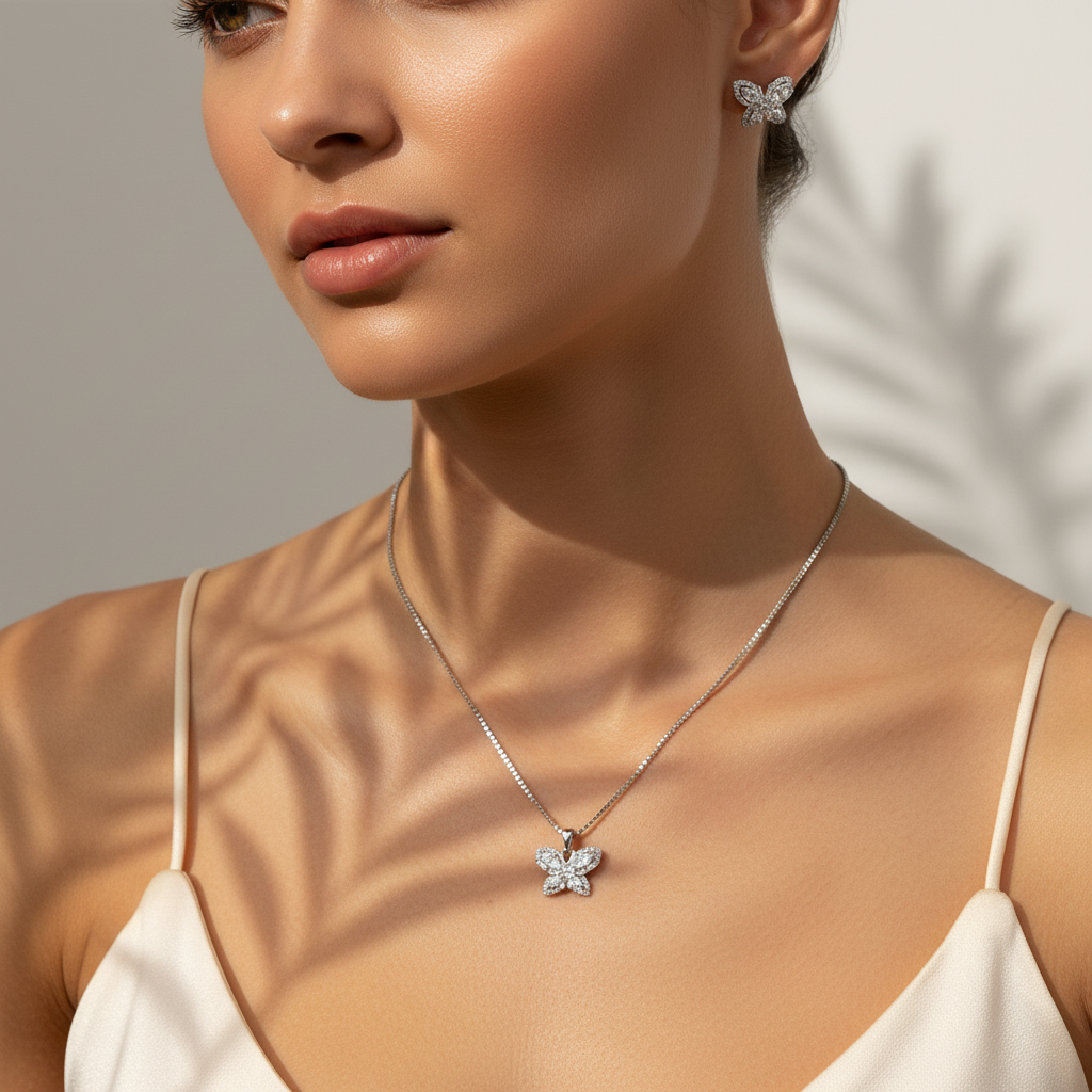 Sterling silver Crystal Butterfly necklace and earring set polished finish