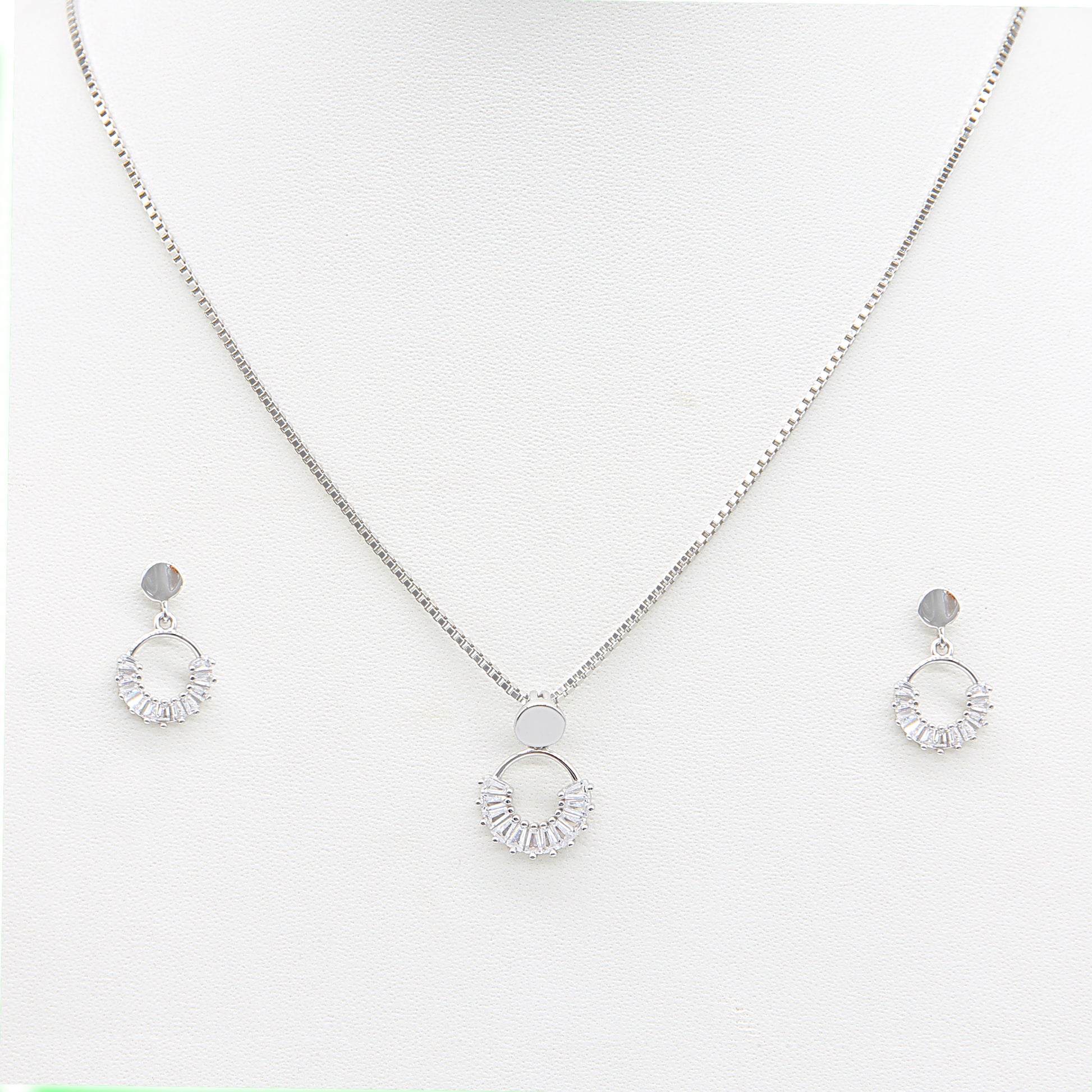 Sterling silver Baguette Crystal Sunburst Circle necklace and earring set polished finish