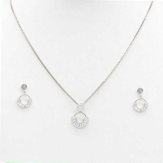 Sterling silver Baguette Crystal Sunburst Circle necklace and earring set polished finish