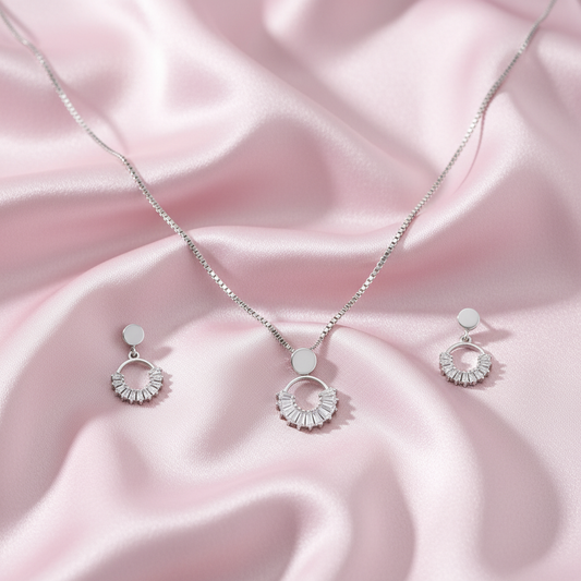Sterling silver Baguette Crystal Sunburst Circle necklace and earring set polished finish