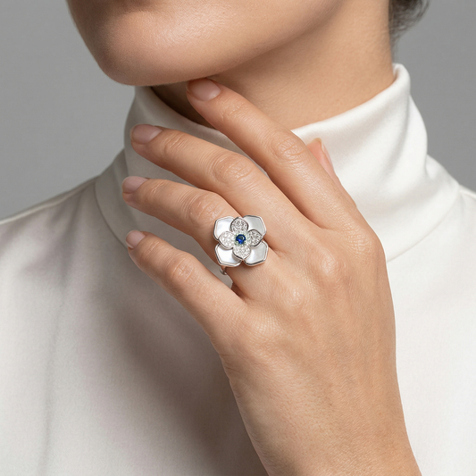 Mother of Pearl Magnolia Sapphire Centre Ring from TimelessWhims, view 2