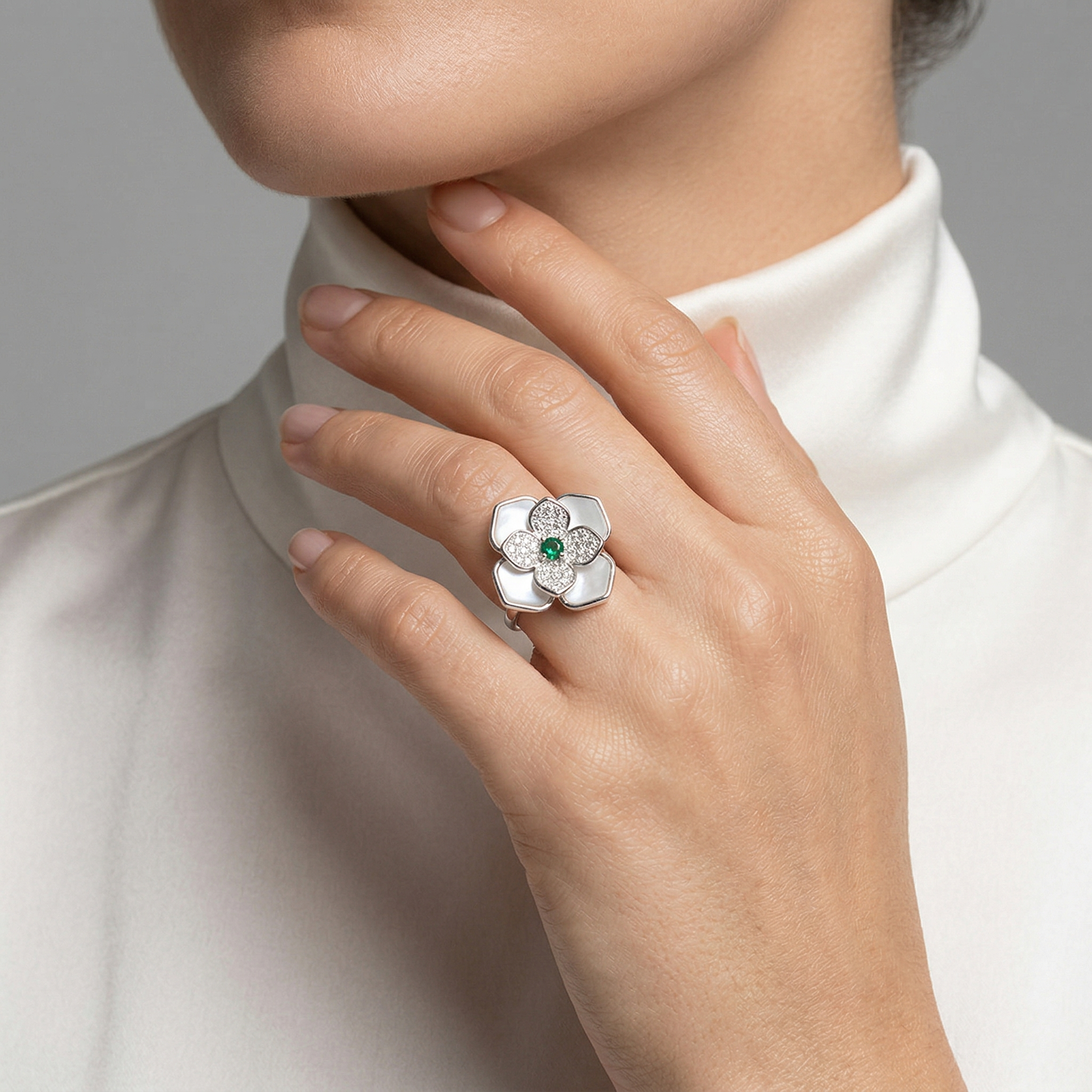 Mother of Pearl Magnolia Emerald Centre Ring from TimelessWhims, view 2