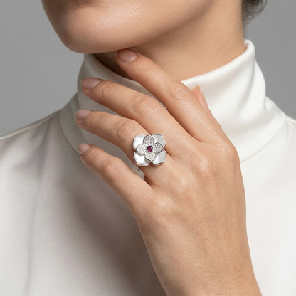 Mother of Pearl Magnolia Ruby Centre Ring from TimelessWhims, view 2