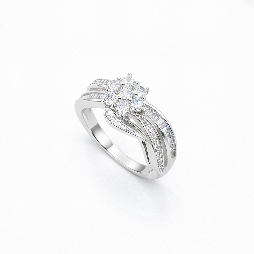 Floral Cluster Baguette Swirl Ring from TimelessWhims, view 1