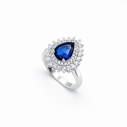 Royal Sapphire Double Halo Pear Ring from TimelessWhims, view 1