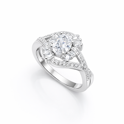 Oval Halo Baguette Twist Bypass Ring from TimelessWhims, view 1