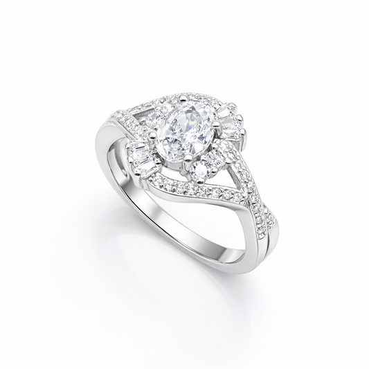 Oval Halo Baguette Twist Bypass Ring from TimelessWhims, view 1