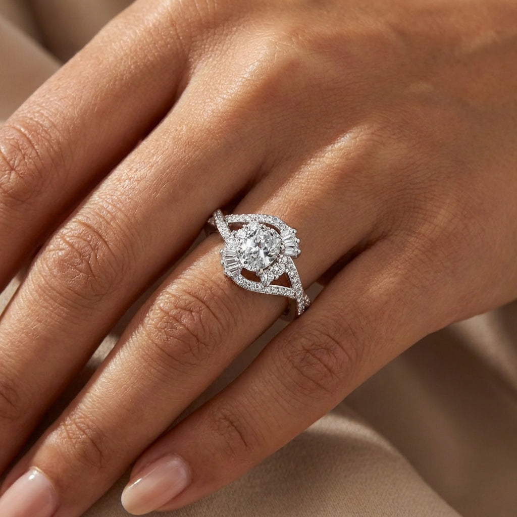 Oval Halo Baguette Twist Bypass Ring from TimelessWhims, view 2