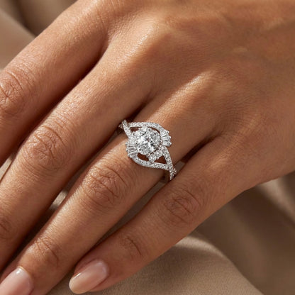 Oval Halo Baguette Twist Bypass Ring from TimelessWhims, view 2
