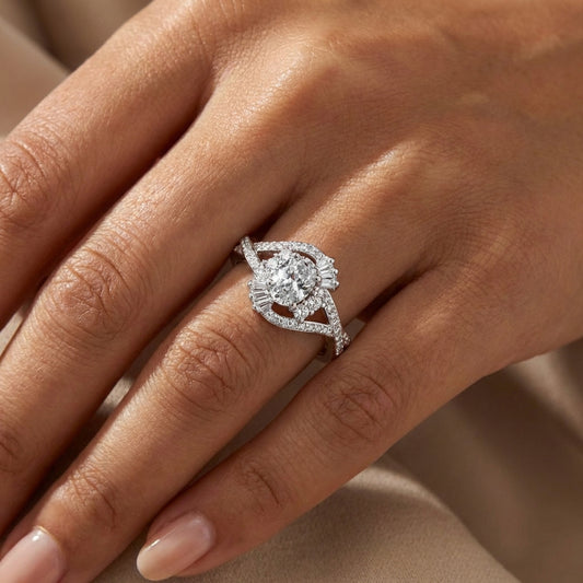 Oval Halo Baguette Twist Bypass Ring from TimelessWhims, view 2