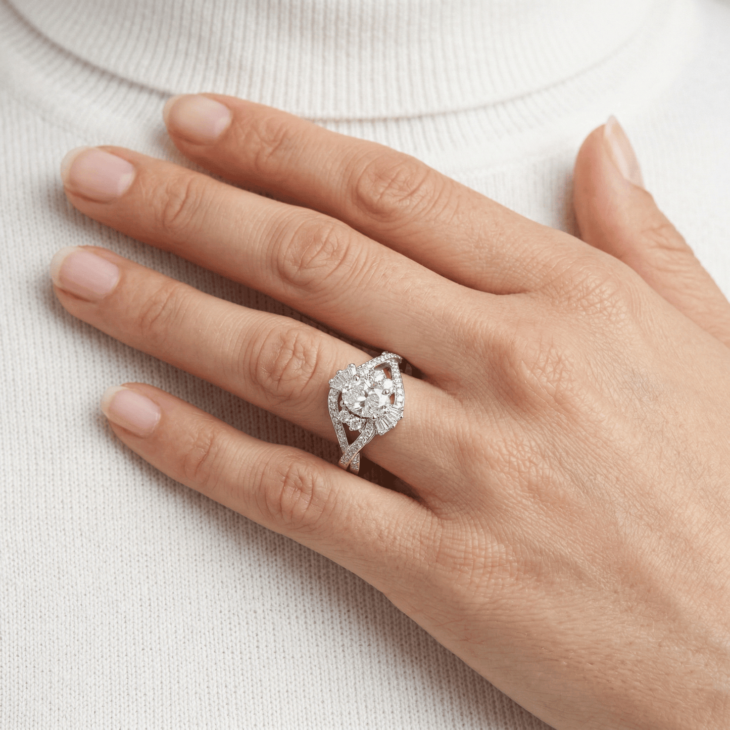 Oval Halo Baguette Twist Bypass Ring from TimelessWhims, view 3