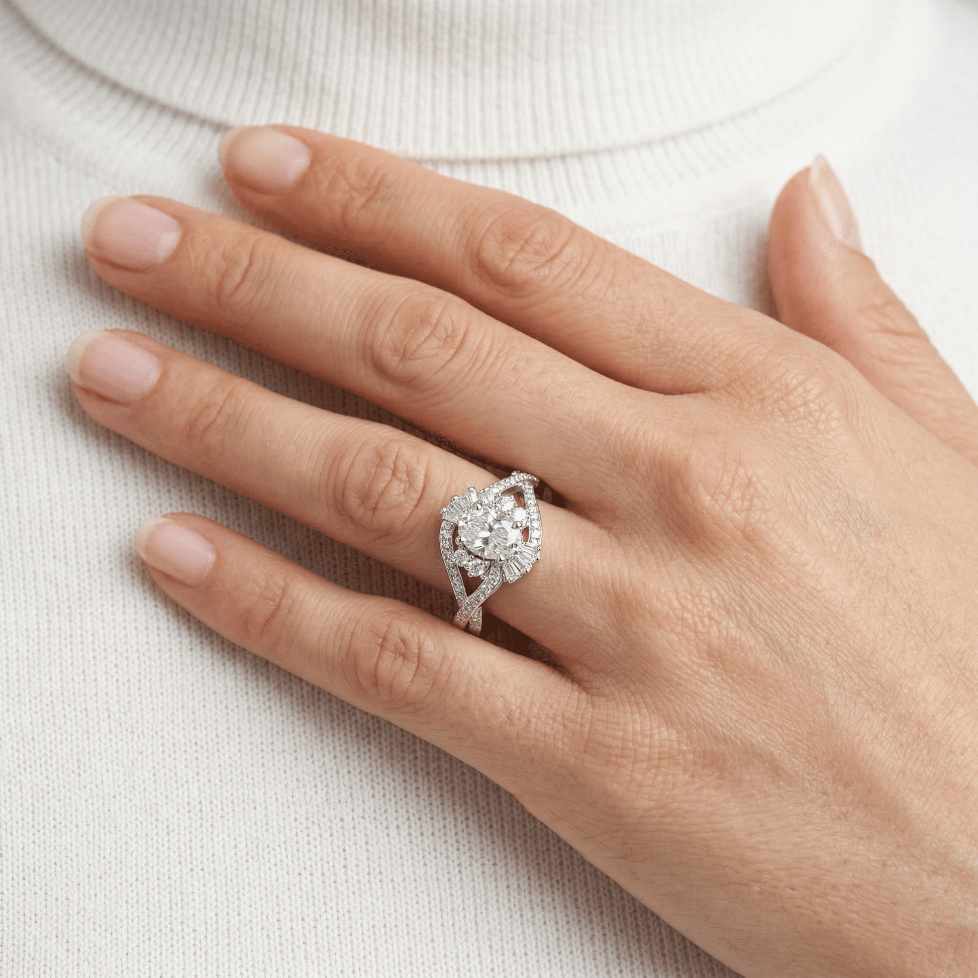 Oval Halo Baguette Twist Bypass Ring from TimelessWhims, view 3