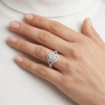Oval Halo Baguette Twist Bypass Ring from TimelessWhims, view 3