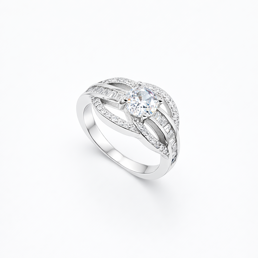 Round Solitaire Baguette Bypass Band Ring from TimelessWhims, view 1
