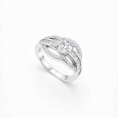 Round Solitaire Baguette Bypass Band Ring from TimelessWhims, view 1