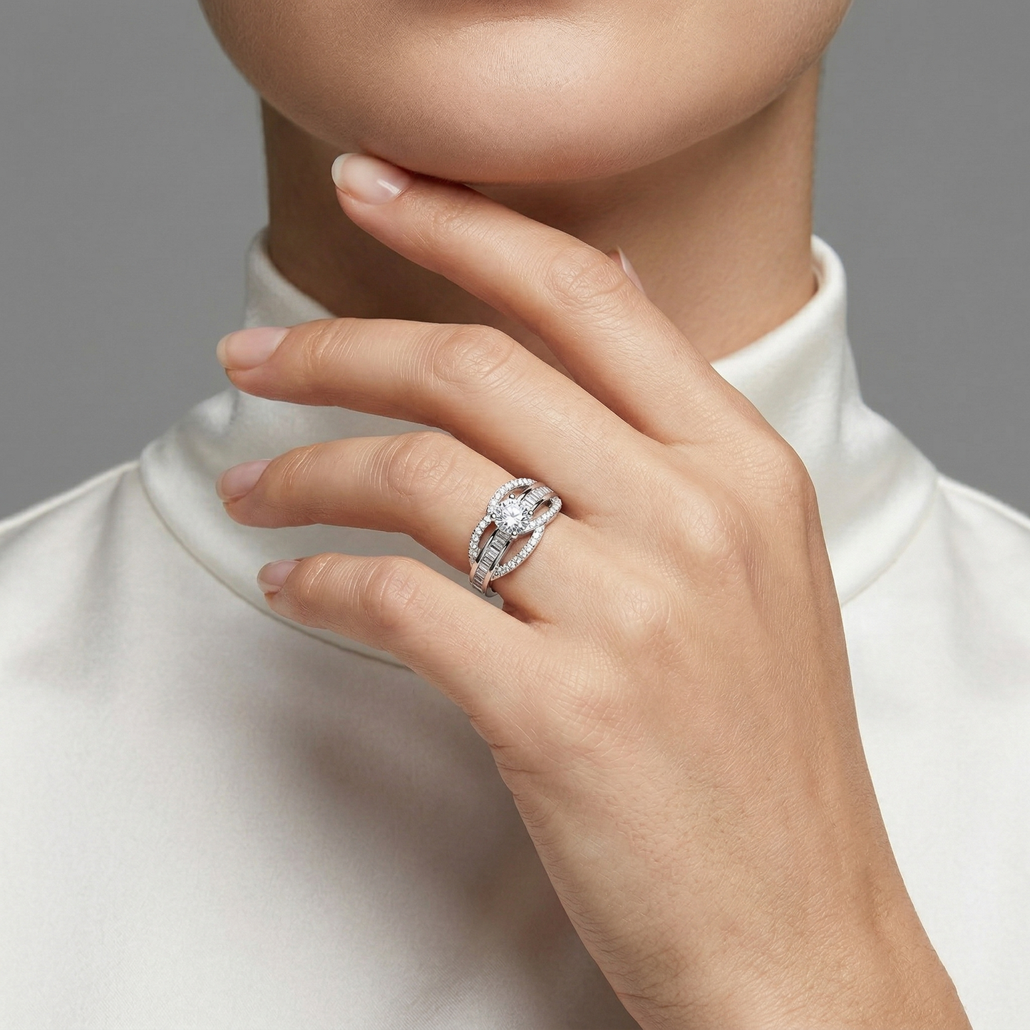 Round Solitaire Baguette Bypass Band Ring from TimelessWhims, view 2