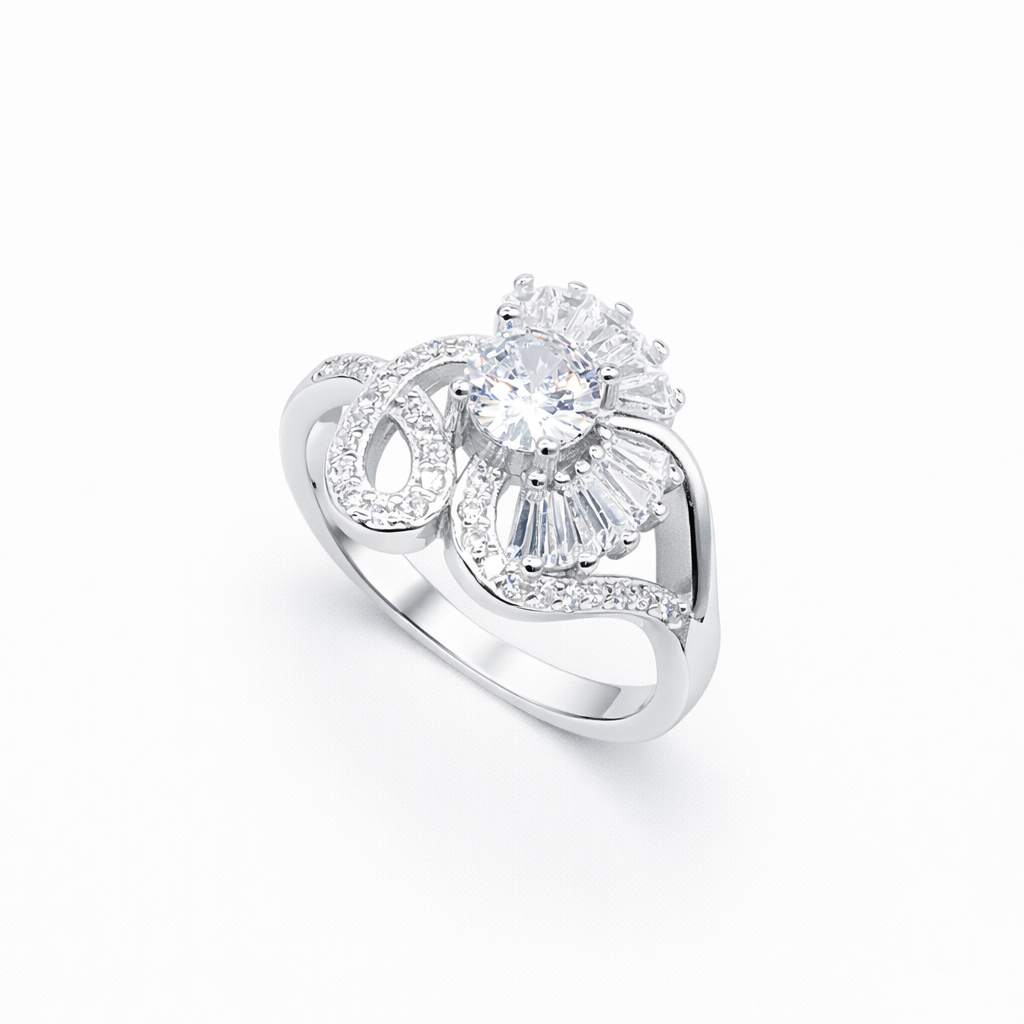 Round Solitaire Baguette Floral Swirl Ring from TimelessWhims, view 1