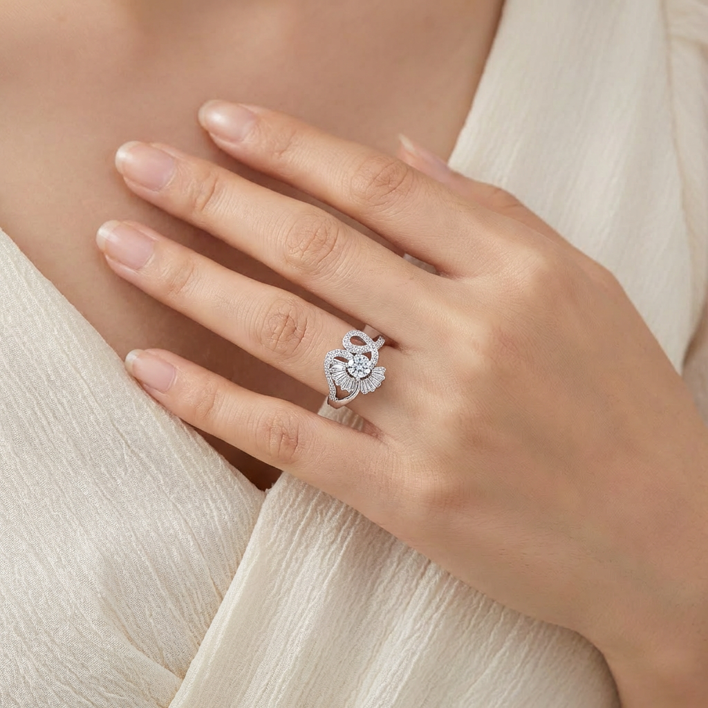 Round Solitaire Baguette Floral Swirl Ring from TimelessWhims, view 2