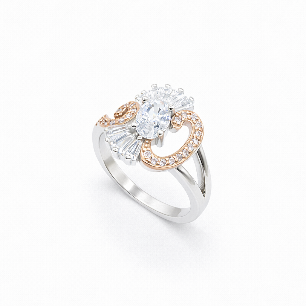 Oval Solitaire Baguette Fan Rose Gold Scroll Ring from TimelessWhims, view 1