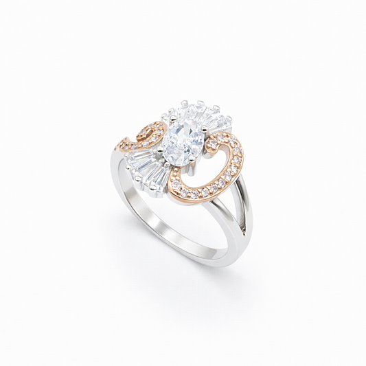 Oval Solitaire Baguette Fan Rose Gold Scroll Ring from TimelessWhims, view 1